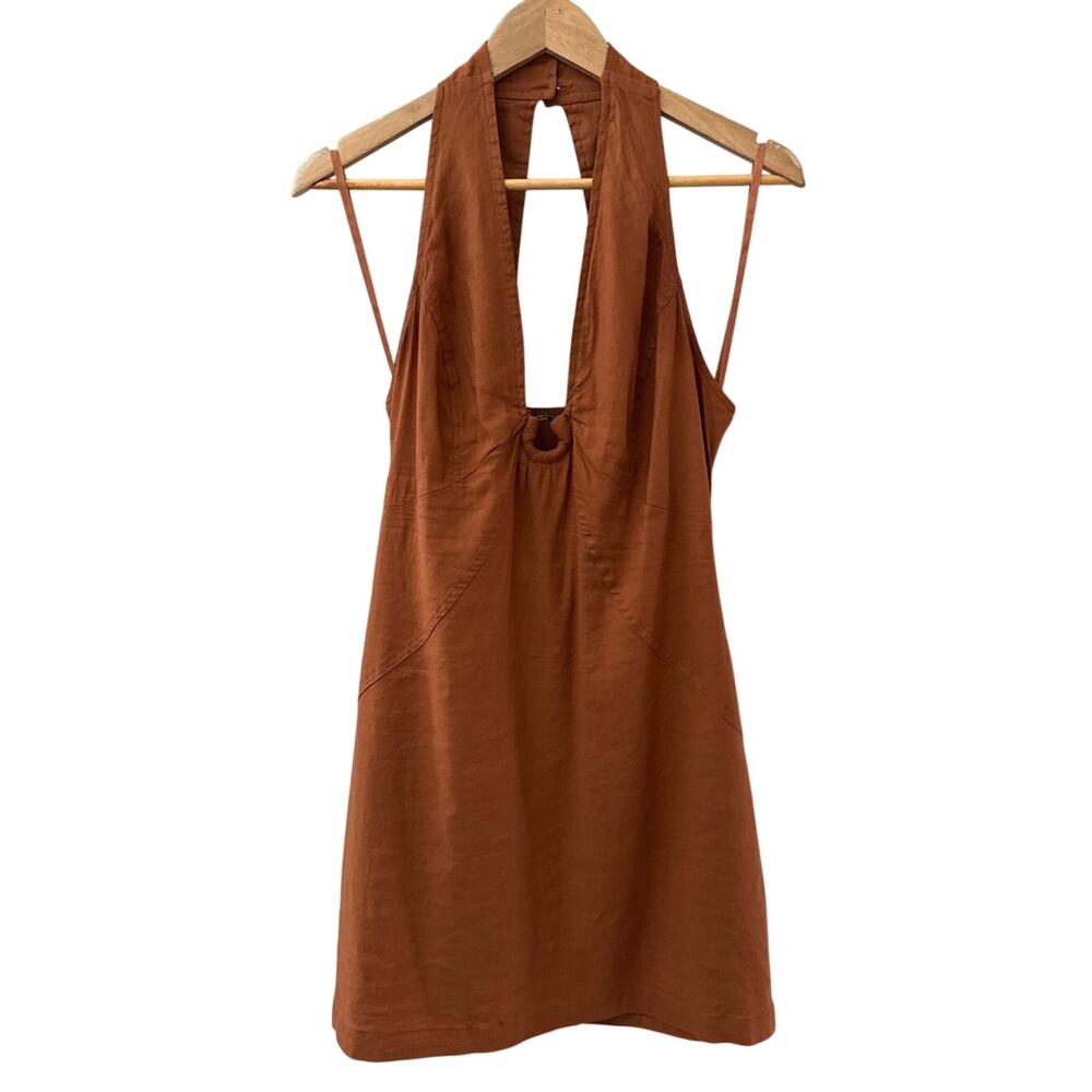 Anthropologie Maeve Halter Linen-Blend Mini Dress Brown Size 8 - Picture 5 of 11
